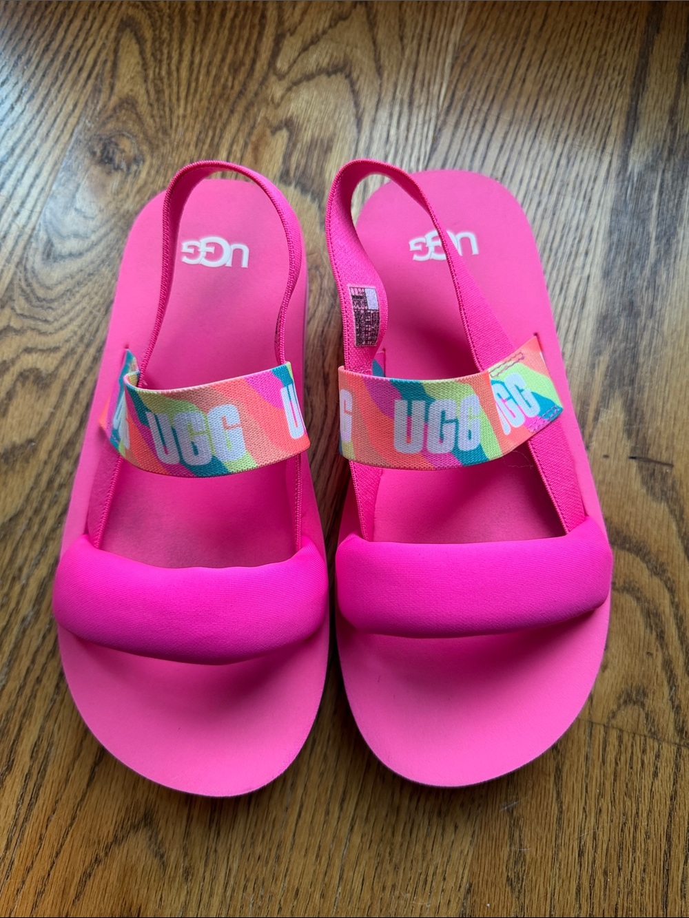UGG Girls Neon Pink Slide Sandals with Rainbow Logo Strap